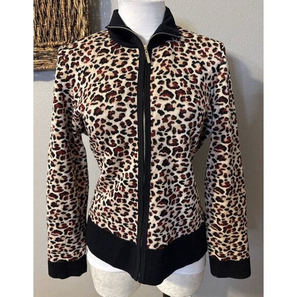 Misook Jacket Cardigan Animal Print Black Red Brown M Medium Stretch Career - Picture 1 of 10